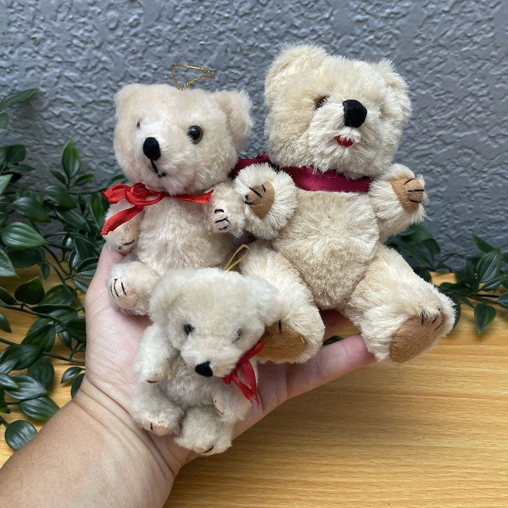 Vintage Miniature Jointed Teddy Bear Ornaments Lot of 3 Wool Plush Christmas